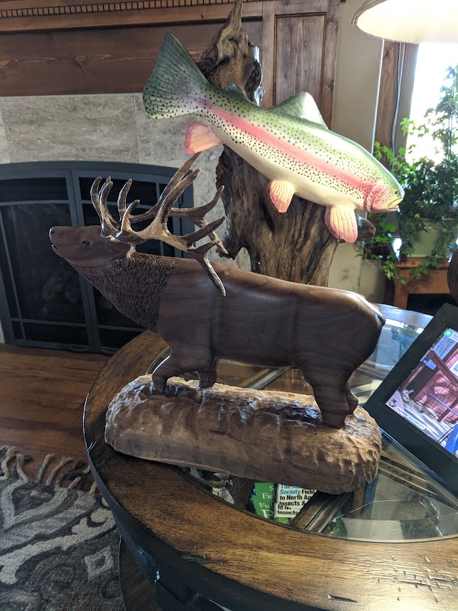 Bull Elk Bugle and Rainbow Trout Hand Carved