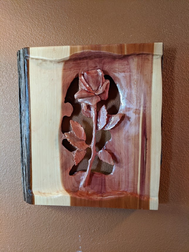 Hand carved Rose from a Cedar board