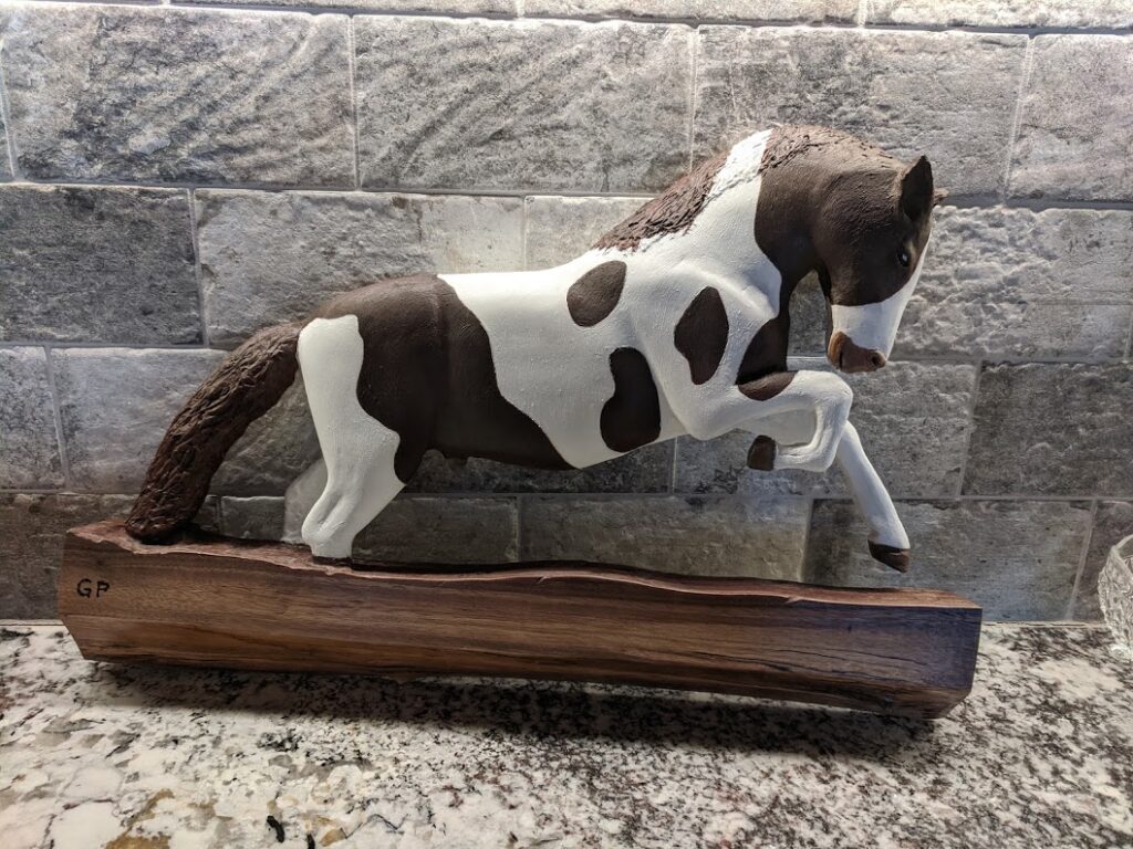 Stallion Hand Carved from single Live Edge Walnut Oil painted